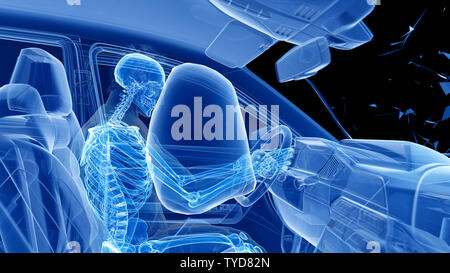 Rendu 3d illustration de deux voitures en collision - illustrant l'effet d'un choc avec airbag Banque D'Images