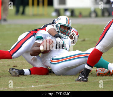 Miami Dolphins quaterback Daunte Culpepper est saccagée par Buffalo Bills Ko sécurité Simpson au cours de premier semestre à action NFL Miami Dolphins Stadium de Miami le 17 septembre 2006. (Photo d'UPI/Larry Marano) Banque D'Images