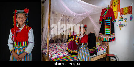 (190626) -- KUNMING, 26 juin 2019 (Xinhua) -- Combo photo prise le 22 juin 2019 montre le portrait du Feng Yuanji (L), une jeune fille de 12 ans du groupe ethnique Nu, et Feng montrant les costumes ethniques qu'elle a ramassés à Jiashen Village de Bingzhongluo Township, comté de Gongshan, sud-ouest de la province chinoise du Yunnan. Feng aime à effectuer en costumes ethniques. Zhiguo minorités sont membres de spécial 56 groupes ethniques de la Chine. Le terme Zhiguo fait référence à des groupes minoritaires qui, avant la modernisation, avait vécu dans un isolement relatif et ignorés de la période de transition associée à la monarchie féodale. Le Yunnan est un Banque D'Images