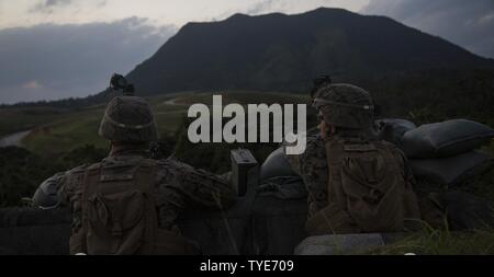 Lance le Cpl. Joshua Johnson et lance le Cpl. Masat Cory établir une position défensive pour une contre-attaque ennemie au cours de la chromite bleu 2017 à Okinawa, au Japon, le 3 novembre 2016. La chromite est bleu un seul exercice qui renforce le Navy-Marine Corps expeditionary, amphibie à réponse rapide, basées à Okinawa et plus Indo-Asia-région du Pacifique. Johnson de Scottsdale, Arizona, et Masot de Brunswick, Maine, mitrailleurs sont affectés au 3e Bataillon, 3e Régiment de Marines qui est déployé à partir de l'avant la baie de Kaneohe, Hawaii, à la 3e Division de marines, basée à Okin Banque D'Images