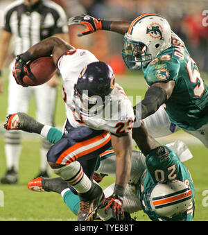 Ours de Chicago d'utiliser de nouveau Chester Taylor (29) s'éloigne de deux dauphins de Miami pour un gain à court au premier semestre l'action au Sun Life Stadium de Miami le 18 novembre 2010. UPI/Michael Bush Banque D'Images
