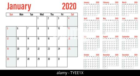 Planificateur de calendrier 2020 illustration vecteur modèle tous les 12 mois semaine commence le dimanche et indiquer la fin de semaine le samedi et dimanche Illustration de Vecteur