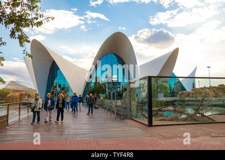 VALENCIA , ESPAGNE - 7 novembre 2016. Les touristes à l'extérieur de l'entrée de l'océanographie, un aquarium d'Espagnol inauguré en 2002, à Valence, en Espagne. Banque D'Images