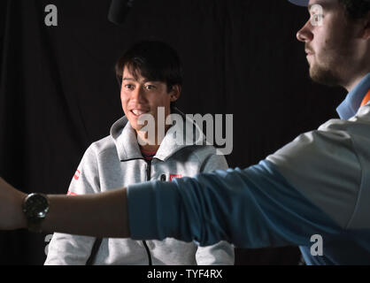 Ket Nishikori participe à la journée des médias, à l'Open de Miami dans le Hard Rock Stadium de Miami Gardens, en Floride, le 20 mars 2019. Photo par Gary JE Rothstein/UPI Banque D'Images