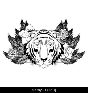 Tigre du Bengale icône visage cartoon en noir et blanc Illustration de Vecteur