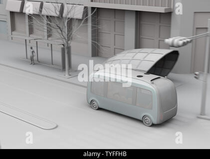 Le rendu de l'argile electric powered navette autonome de la conduite dans une intersection. Effet texture transparente d'un composite. L'image de rendu 3D Banque D'Images