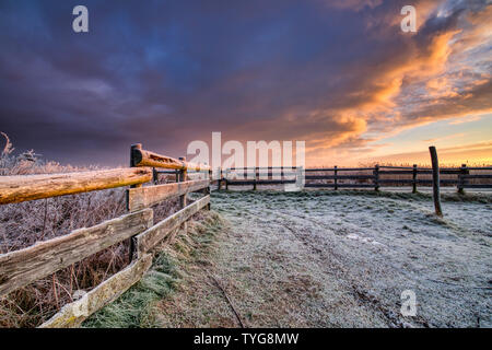 Un paysage d'hiver aux Pays-Bas avec un beau lever de soleil avec des couleurs vives dans le ciel et le gel sur les champs au Parc National de Lauwersmeer Banque D'Images