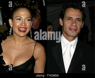 Jennifer Lopez et Marc Anthony illustré séparément à la Metropolitan Museum of Art Costume Ball le 26 avril 2004 à New York, où se sont mariés le 5 juin 2004, à l'accueil de Mme Lopez dans L.A.C'est Lopez 3ème et Anthony 2e mariage. (Photo d'UPI/Laura Cavanaugh) Banque D'Images