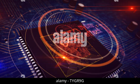 Cyber-attaque et de travail sur l'hologramme rougeoyant du crâne en arrière-plan de la cpu. Alerte de danger, de menace, d'infection et d'avertissement concept abstrait avec le symbole du crâne Banque D'Images