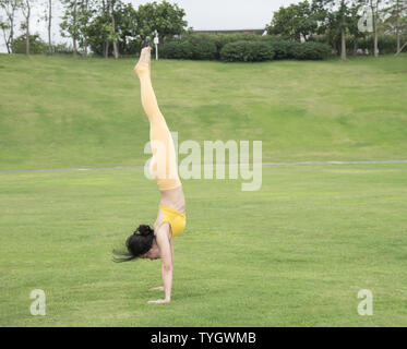 Asian young woman practicing yoga on l'herbe du parc, à l'atr vertical corps mains Banque D'Images