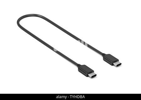 Câble USB-c noir sur fond blanc Banque D'Images