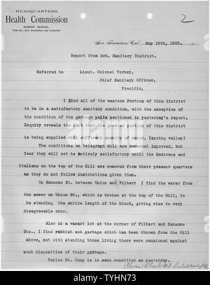 Rapport du troisième district sanitaire, San Francisco par agent sanitaire de district Charles Clark, MD, visée à lieutenant-colonel Torney, chef de l'agent sanitaire, Presidio. ; la portée et contenu : Ce document s'applique à la réponse fédérale à la tremblement de terre de San Francisco de 1906 et l'incendie. Banque D'Images