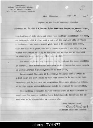 Rapport du troisième district sanitaire, San Francisco par agent sanitaire de district Charles Clark, MD, visée à lieutenant-colonel G.A. Torney, chef inspecteur sanitaire, Medical Dept (États-Unis) ; la portée et contenu : Ce document s'applique à la réponse fédérale à la tremblement de terre de San Francisco de 1906 et l'incendie. Banque D'Images