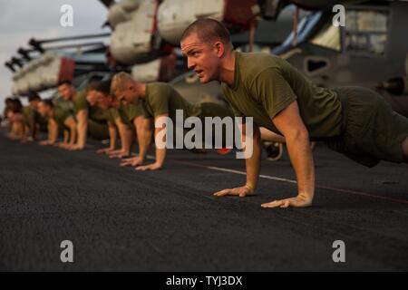 USS MAKIN ISLAND, en mer (10 novembre 2016) - Marines avec l'Équipe de débarquement du bataillon 1er Bataillon, 4ème Marines, 11e Marine Expeditionary Unit, effectuer des push-ups sur le pont de l'USS Makin Island (LHD-8), au cours d'une session d'entraînement physique en commémoration de l'anniversaire 241e Corps des marines le 10 novembre, 2016. Les Marines et les marins avec BLT 1/4 a mené un certain nombre de séances d'entraînement physique dans la matinée avec le nombre total de chaque exercice d'un montant total de 241 à célébrer le 241e anniversaire du Corps des Marines. Banque D'Images