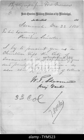 Télégramme du Général William T. Sherman au président Abraham Lincoln l'annonce de l'abandon de Savannah, Géorgie, comme cadeau de Noël au président. ; notes générales : Le télégramme a été reproduit sur microfilm des Archives nationales de publication M504. Banque D'Images