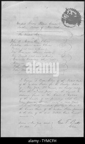 Les États-Unis contre John B. Macomber, Oliver Jacobson autrement appelé Oliver Jackson, (vrai nom inconnu) Jose Francisco autrement appelé Jose Frank (vrai nom inconnu), Mauricio Rodrigues autrement appelé Maurice (vrai nom inconnu) & John Battist autrement appelé Jean Batteo (vrai nom inconnu) : Certification du Greffier ; Portée et contenu : le cas où ce document est déposé est une affaire pénale impliquant des esclaves John B. Macomber, Oliver Jacobson autrement appelé Oliver Jackson, (vrai nom inconnu) Jose Francisco autrement appelé Jose Frank (vrai nom inconnu), Mauricio Rodrigues o Banque D'Images