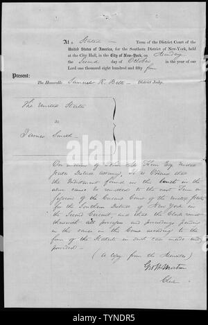 United States c. James Smith : À l'ordre de commettre l'acte d'accusation pour le prochain mandat de la cour. ; la portée et contenu : le cas où ce document est déposé est une affaire pénale impliquant la traite des esclaves, James Smith. Banque D'Images