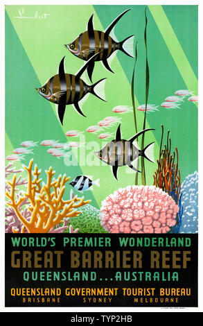 Voyages d'époque restauré de l'affiche. World's premier wonderland, Grande Barrière de Corail, Queensland, Australie. Noel Pasco Lambert (1889-1974). Publié 1936. Banque D'Images