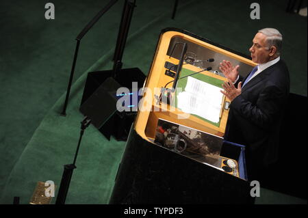 Le Premier ministre israélien Benjamin Netanyahu parle lors de la 69e Assemblée Générale des Nations Unies Débat général dans le bâtiment des Nations Unies à New York le 29 septembre 2014. L'Assemblée générale, composée de tous les 193 membres de l'Organisation des Nations Unies, constitue un forum unique pour échanger des vues sur l'ensemble des questions internationales. UPI/Dennis Van Tine Banque D'Images