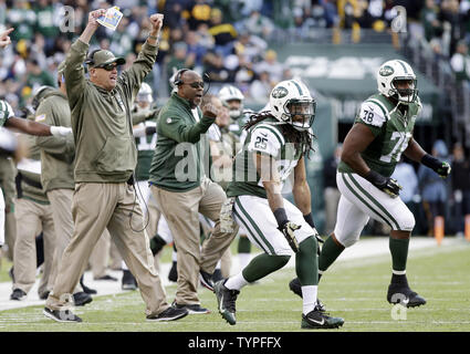 New York Jets l'entraîneur-chef Rex Ryan et les Jets de touche célébrer après les Pittsburgh Steelers manquer un objectif sur le terrain au quatrième trimestre au cours de la semaine 10 de la saison NFL à MetLife Stadium à East Rutherford, New Jersey le 9 novembre 2014. Les Jets défait les Steelers 20-13. UPI /John Angelillo Banque D'Images