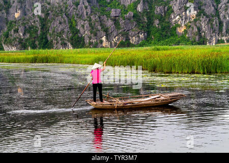 Aviron bateaux en bois (femme) sampans dans Trang An, un delta de fleuve près de la ville de Ninh Binh. Ninh Binh, Vietnam. Trang An était s'engage comme une Banque D'Images