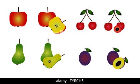 Cartoon mise à fruit, apple et cerise, poire et prune. Il s'agit d'icônes vectorielles. Illustration de Vecteur