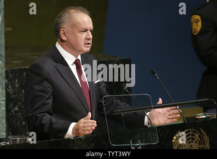 Le président de la République slovaque Andrej Kiska parle à la 72e débat général à l'Assemblée générale des Nations Unies au Siège des Nations Unies à l'AG Hall de New York le 19 septembre 2017. Photo de John Angelillo/UPI Banque D'Images