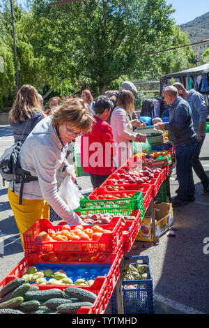 Les femmes shopping et l'achat de fruits et légumes frais produits à un marché plein air Espagnol Espagne Banque D'Images