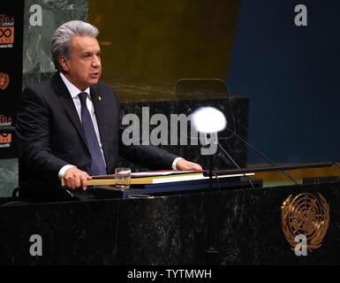 S.e. M. Lenin Moreno Garces, Président de la République de l'Équateur parle à la Nelson Mandela Paix Sommet lors de la 73e débat général à l'Assemblée générale des Nations Unies au Siège des Nations Unies à New York City le 24 septembre 2018. Photo par Jemal Countess/UPI Banque D'Images