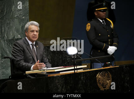 Président constitutionnel de l'Equateur M. Lenin Moreno Garces parle lors de la 73e session de l'Assemblée générale des Nations Unies en GA Hall au Siège des Nations Unies à New York City le 25 septembre 2018. Photo de John Angelillo/UPI Banque D'Images