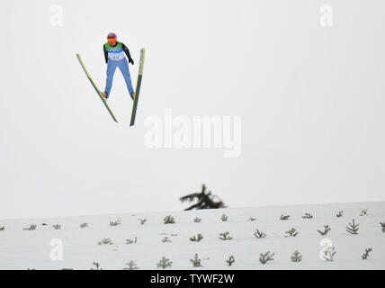 La Pologne Kamil Stoch fait concurrence au cours de la compétition de saut à ski au tremplin normal aux Jeux Olympiques d'hiver de Vancouver 2010 au Parc olympique de Whistler, à Whistler, Canada, 13 février 2010. UPI/Kevin Dietsch Banque D'Images