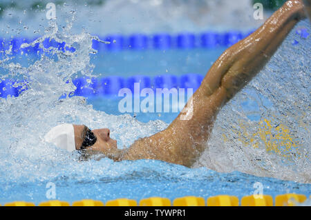 Le nageur américain Michael Phelps en action au cours de men's 200m quatre nages individuel, terminant deuxième dans la chaleur à l'Jeux olympiques d'été de 2012, le 1 août 2012, à Londres, en Angleterre. UPI/Mike Theiler Banque D'Images