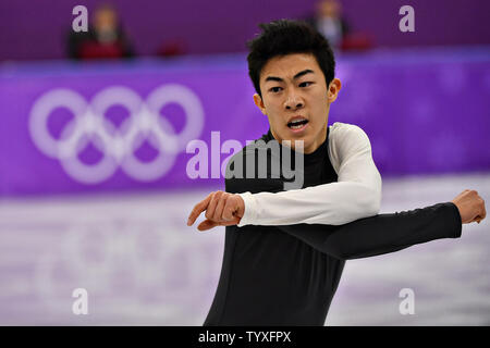 Nathan Chen de l'United States participe à l'unique programme court de patinage artistique hommes au cours de l'hiver 2018 de Pyeongchang Jeux Olympiques, à l'Ice Arena à Gangneung Gangneung, Corée du Sud, le 16 février 2018. Photo de Richard Ellis/UPI Banque D'Images