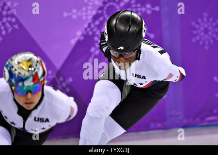 Maame Biney des USA pendant les dames 1500m de patinage de vitesse sur courte piste finale au Jeux Olympiques d'hiver de Pyeongchang 2018, à l'Ice Arena à Gangneung Gangneung, Corée du Sud, le 17 février 2018. Photo de Richard Ellis/UPI Banque D'Images
