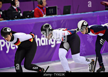 Maame Biney des USA pendant les dames 1500m de patinage de vitesse sur courte piste finale au Jeux Olympiques d'hiver de Pyeongchang 2018, à l'Ice Arena à Gangneung Gangneung, Corée du Sud, le 17 février 2018. Photo de Richard Ellis/UPI Banque D'Images