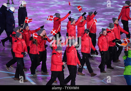 Les athlètes de la Norvège arrivent à la cérémonie de clôture des Jeux Olympiques d'hiver de 2018 à Pyeongchang le au Stade Olympique dans Daegwalnyeong, Corée du Sud, le 25 février 2018. Photo de Richard Ellis/UPI Banque D'Images