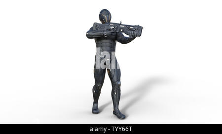 Android futuriste soldat en armure pare-balles, cyborg militaire armés de fusil carabine sci-fi et de tir permanent sur fond blanc, 3D Rendering Banque D'Images