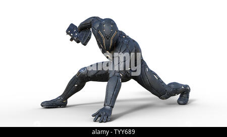 Android futuriste soldat en armure pare-balles, cyborg militaire armés de fusil carabine sci-fi accroupi sur fond blanc, 3D Rendering Banque D'Images