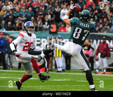 Philadelphia Eagles tight end Brent Celek fait un 17 verges sur achèvement Nouvelle York énorme coffre Michael Johnson au cours du premier trimestre à M & T Bank Stadium à Philadelphie le 1 novembre 2009. UPI/Kevin Dietsch Banque D'Images