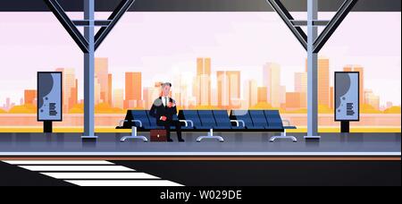 A l'arrêt de bus moderne business man avec valise de transport public en attente sur airport station cityscape background plate horizontale pleine Illustration de Vecteur