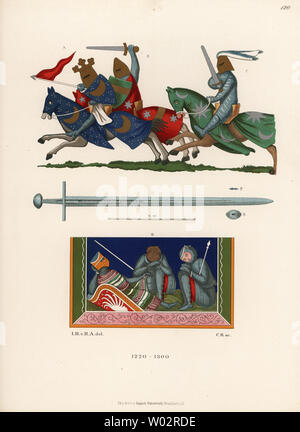 Costumes et épée de chevaliers du 13e siècle. Le roi et les chevaliers à cheval de charge, et trois chevaliers qui gardaient la tombe de Jésus Christ. À partir de peintures miniatures dans un livre de prière juif et un parchemin de prières dans la bibliothèque de l'université de Leipzig, 1220-1300. Chromolithographie de Hefner-Alteneck les costumes, Œuvres et appareils du Moyen-Âge au 17ème siècle, Francfort, 1889. Illustration par le Dr Jakob Heinrich von Hefner-Alteneck, lithographiée par C.R. Le Dr Hefner-Alteneck (1811 - 1903), était un conservateur de musée, archéologue, historien de l'art, illustrateur et graveur. Banque D'Images