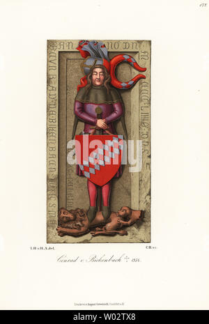 Conrad III ou Konrad III von Bickenbach, 1298-1354. Avec une grande barre et armoiries sur un écusson. Chromolithographie de Hefner-Alteneck les costumes, Œuvres et appareils du Moyen-Âge au 17ème siècle, Francfort, 1889. Illustration par le Dr Jakob Heinrich von Hefner-Alteneck, lithographiée par C.R. Le Dr Hefner-Alteneck (1811 - 1903), était un conservateur de musée, archéologue, historien de l'art, illustrateur et graveur. Banque D'Images