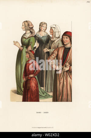 Costumes de femmes italiennes du milieu du 15e siècle. D'une fresque de Pinturicchio dans l'église de Santa Maria in Ara Coeli, Rome. Chromolithographie de Hefner-Alteneck les costumes, Œuvres et appareils du Moyen-Âge au 17ème siècle, Francfort, 1889. Illustration par le Dr Jakob Heinrich von Hefner-Alteneck, lithographiée par C.R. Le Dr Hefner-Alteneck (1811 - 1903), était un conservateur de musée, archéologue, historien de l'art, illustrateur et graveur. Banque D'Images