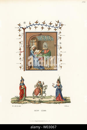 Costumes de femmes françaises du 15ème siècle. La poétesse Christine de Pisan écrit dans sa chambre un, les femmes en coiffes hennin B,D, et de la femme dans les hautes jambières hawking sur l C. de peintures miniatures. Chromolithographie de Hefner-Alteneck les costumes, Œuvres et appareils du Moyen-Âge au 17ème siècle, Francfort, 1889. Illustration par Elise von Hefner-Alteneck, lithographiée par C. Regnier. Le Dr Hefner-Alteneck (1811 - 1903), était un conservateur de musée, archéologue, historien de l'art, illustrateur et graveur. Banque D'Images