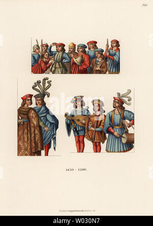 Costumes d'hommes français de la fin du xve siècle. Le groupe du haut montre un homme d'être habillés en armure et de gouvernail, et le groupe inférieur montre un homme riche avec partenaire dans un béret plumes à un groupe de musiciens avec tambour, Fife, luth et harpe. D'une tapisserie d'un banquet allégorique de Nancy, France. Chromolithographie de Hefner-Alteneck les costumes, Œuvres et appareils du Moyen-Âge au 17ème siècle, Francfort, 1889. Illustration par le Dr Jakob Heinrich von Hefner-Alteneck, lithographiée par C. Regnier. Le Dr Hefner-Alteneck (1811 - 1903), était un conservateur de musée, archéologue, art Banque D'Images