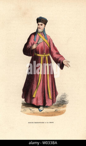 Missionnaire de la Compagnie de Jésus en Chine. Un missionnaire jésuite la Chine. Gravure sur bois coloriée par L. Maerraert après une illustration par Jacques Charles Abbé de Tiron's Bar Histoire et Costumes des Ordres Religieux, Librairie Historique-Artistique, Bruxelles, 1845. Banque D'Images