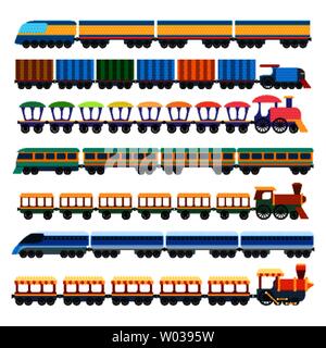 Les trains de l'éducation. Transport ferroviaire Vector set train, wagons et locomotives, modèles miniatures jouets enfant train depot Illustration de Vecteur