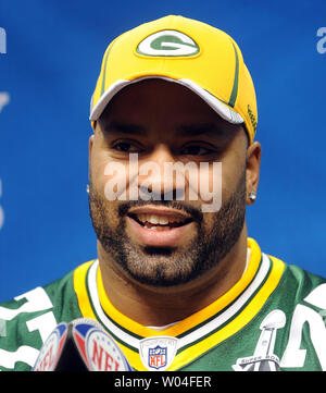 Green Bay Packers défensive fin Cullen Jenkins participe à la Journée des médias pour le Super Bowl XLV à Arlington, Texas le 1 février 2011. La Pittsburgh Steelers prendra sur les Packers de Green Bay le 6 février 2011. UPI/Roger L. Wollenberg Banque D'Images