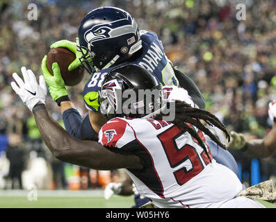 Seattle Seahawks Tight end Jimmy Graham #88 celebrates with tightened Luke  Willson after catching a 35-yard touchdown pass from Russell Wilson against  the Philadelphia in the second quarter.at CenturyLink Field in Seattle