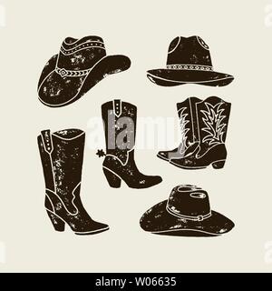 Vector Set illustration de bottes et chapeau de cow-boy silhouette en effet grunge , style vintage. Éléments du Far West pour la conception des affiches, poster Illustration de Vecteur